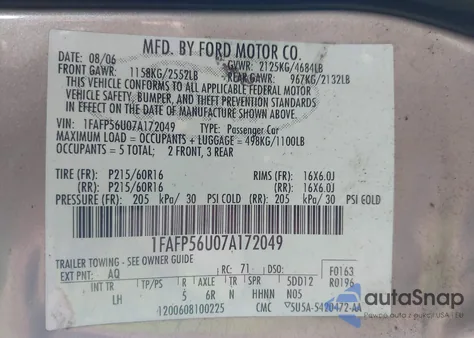 2007 Ford Taurus Sel z USA, uszkodzony, nr VIN 1FAFP56U07A172049